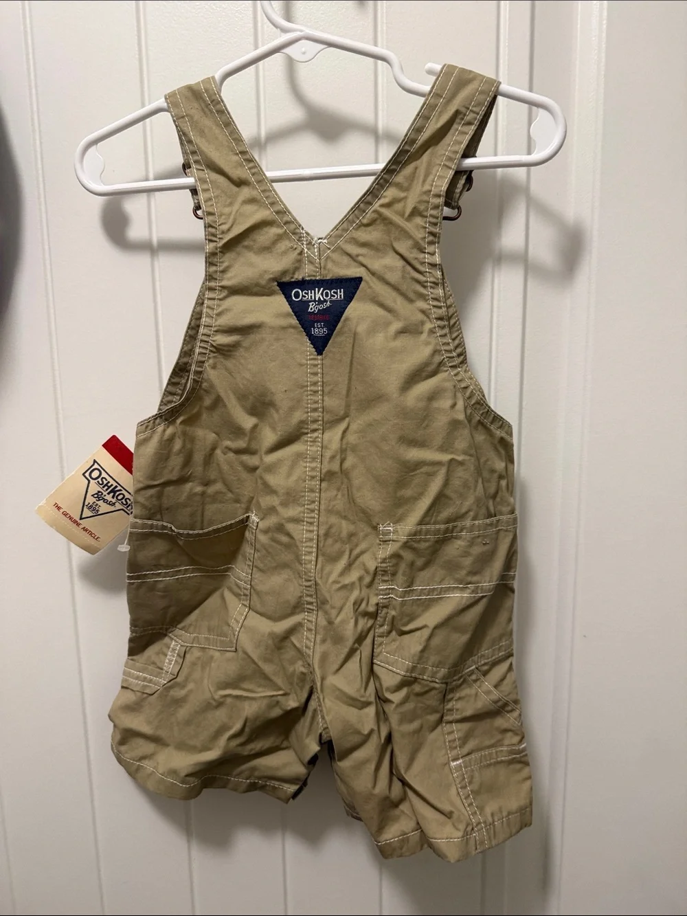 OshKosh B'gosh Y2K Tan Short Overalls with Navy  embroidered Logo size 12M-NWT